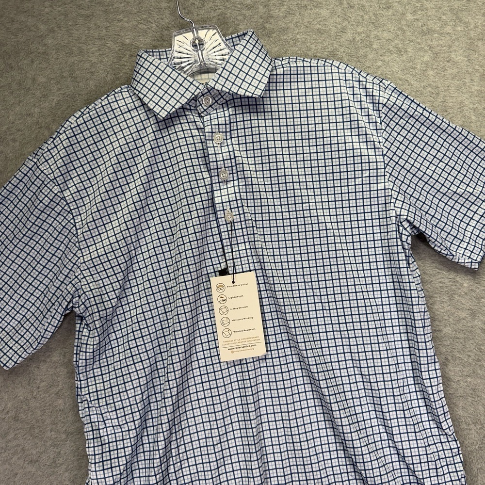 Collars & Co Dress Collar Polo Shirt Mens Small Blue Check Performance Stretch